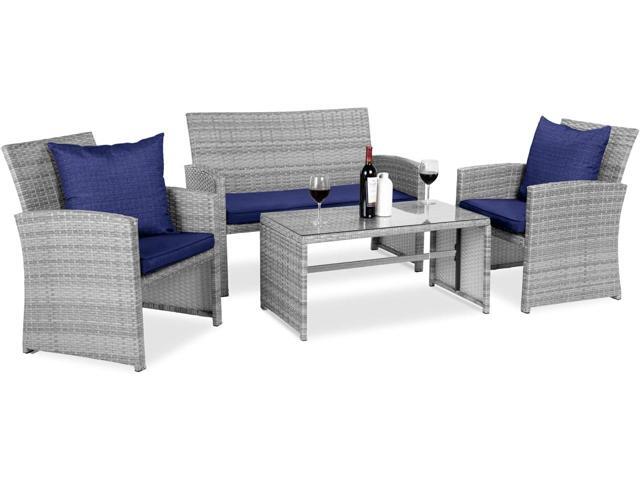 Best Choice Products 4-Piece Outdoor Wicker Patio Conversation Furniture Set for Backyard w/Coffee Table, Seat Cushions - Gray/Navy