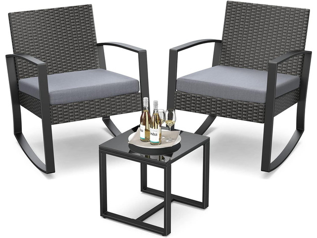 3 Pieces Outdoor Patio Furniture Set Rocking Bistro Set Outdoor Rattan Conversation with Coffee Table for Garden Balcony Backyard Poolside (Grey...