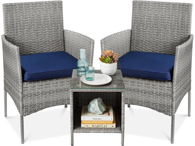 Best Choice Products 3-Piece Outdoor Wicker Conversation Bistro Set, Space Saving Patio Furniture for Garden w/Side Table - Gray/Navy