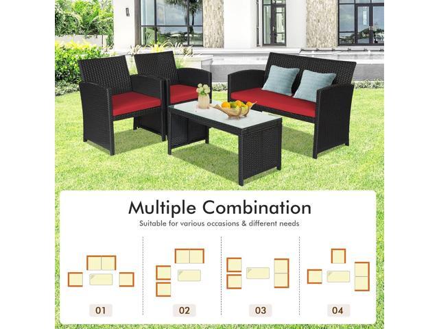 Goplus Rattan Patio Furniture Set 4 Pieces, Outdoor Wicker Conversation Sofa and Table Set with Soft Cushions & Tempered Glass Coffee Table for...