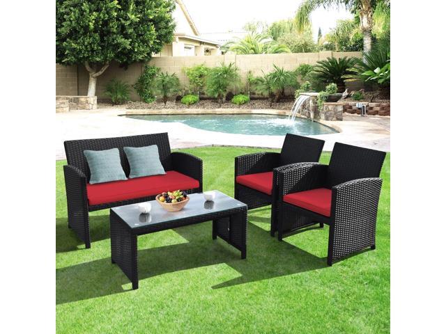 Goplus Rattan Patio Furniture Set 4 Pieces, Outdoor Wicker Conversation Sofa and Table Set with Soft Cushions & Tempered Glass Coffee Table for...