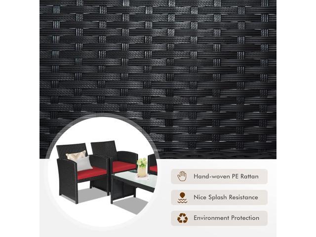 Goplus Rattan Patio Furniture Set 4 Pieces, Outdoor Wicker Conversation Sofa and Table Set with Soft Cushions & Tempered Glass Coffee Table for...