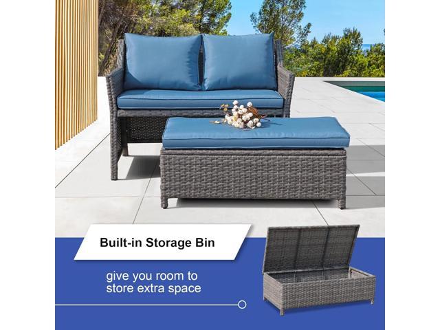 OC Orange-Casual 2-Piece Outdoor Patio Furniture Wicker Love-seat and Coffee Table Set, with Built-in Storage Bin, Grey Rattan, Navy Blue Cushions