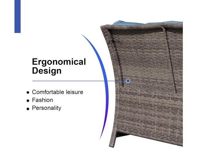 OC Orange-Casual 2-Piece Outdoor Patio Furniture Wicker Love-seat and Coffee Table Set, with Built-in Storage Bin, Grey Rattan, Navy Blue Cushions