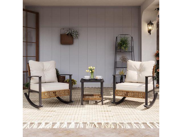 LAUSAINT HOME 3 Pieces Rocking Bistro Set, Outdoor Patio Furniture Set with Thick Cushions and 2-Tier Coffee Table, Oversize Rattan Conversation...