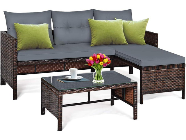 DORTALA Wicker Patio Furniture Set Couch 3 Piece, L-Shaped PE Rattan Outdoor Sectional Sofa Conversation Set with Loveseat, Lounge and Tempered...