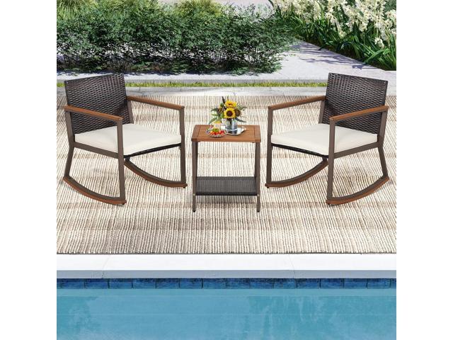 Tangkula 3 Pieces Rocking Bistro Set, Outdoor Rocker Chair with Coffee Table & Cushions, Patio Rattan Furniture Conversation Set for Balcony Porch...