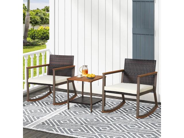 Tangkula 3 Pieces Rocking Bistro Set, Outdoor Rocker Chair with Coffee Table & Cushions, Patio Rattan Furniture Conversation Set for Balcony Porch...