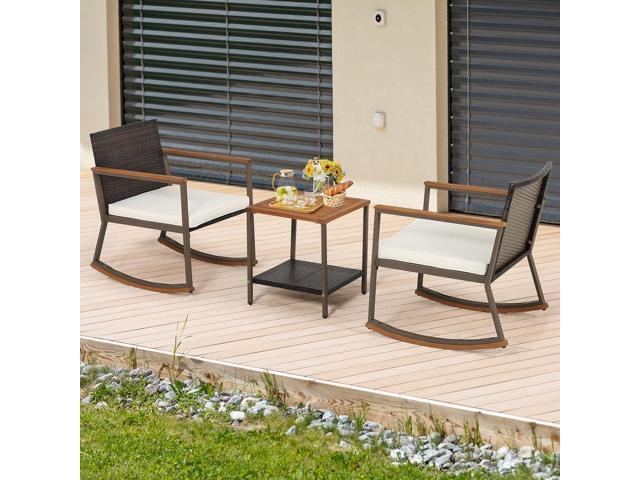 Tangkula 3 Pieces Rocking Bistro Set, Outdoor Rocker Chair with Coffee Table & Cushions, Patio Rattan Furniture Conversation Set for Balcony Porch...