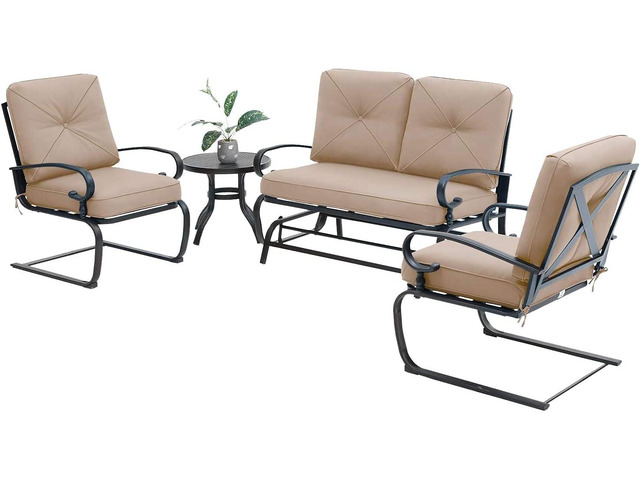 4 Pcs Outdoor Wrought Iron Furniture Patio Conversation Set with Glider Loveseat, 2 Spring Chairs, and Coffee Table (Brown)
