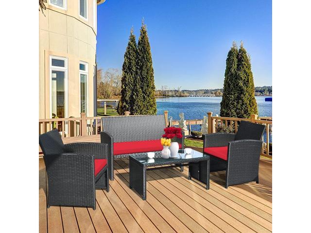 KOTEK 4 Pieces Patio Furniture Set, Outdoor Rattan Wicker Patio Conversation Set, Outdoor Rattan Sofa and Table Set w/Cushions & Tempered Glass...