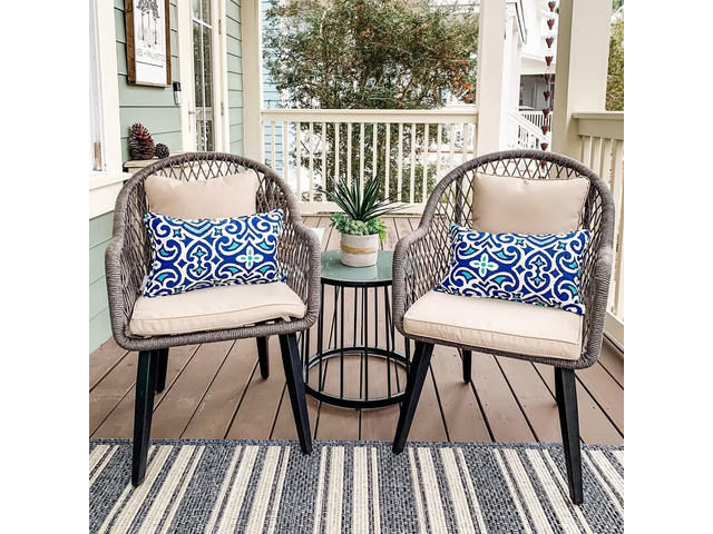PHI VILLA 3-Piece Rope Patio Conversation Bistro Chat Set All-Weather Wicker Outdoor Furniture for Small Patio, Porch, Balcony w/ 2 Chairs, Glass...