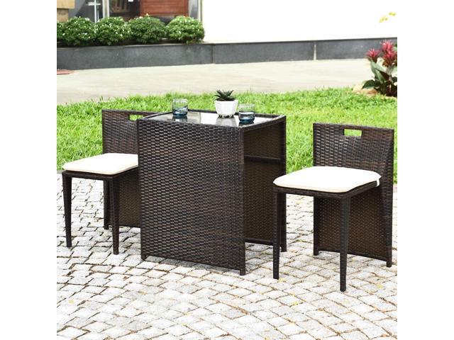 Tangkula 3 Piece Outdoor Rattan Dining Set, No Assembly Patio Bistro Set with Tempered Glass Table, Space Saving Patio Wicker Cushioned Chair...