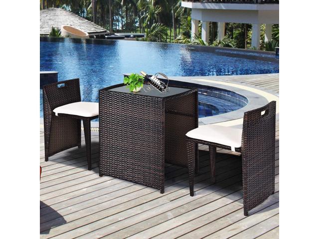 Tangkula 3 Piece Outdoor Rattan Dining Set, No Assembly Patio Bistro Set with Tempered Glass Table, Space Saving Patio Wicker Cushioned Chair...