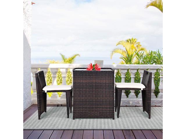 Tangkula 3 Piece Outdoor Rattan Dining Set, No Assembly Patio Bistro Set with Tempered Glass Table, Space Saving Patio Wicker Cushioned Chair...