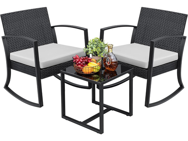 Greesum 3 Pieces Outdoor Furniture Set Patio Bistro Rocking Chairs with Glass Coffee Table for Pool Beach Backyard Balcony Porch Deck Garden, White