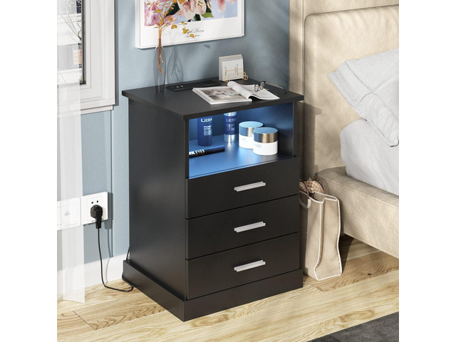 Halitaa Black LED Nightstand with Charging Station, Side Table with 3 Drawers and Light, End Table with Open Storage, Beside Cabinet for Bedroom...