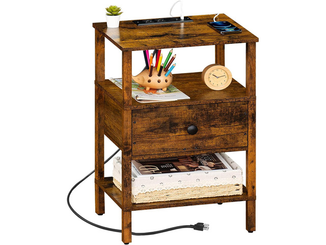 Lerliuo Nightstand with Charging Station and USB Ports, 3-Tier Storage End Table with Drawer Shelf, Night Stand for Small Spaces, Wood Bedside...