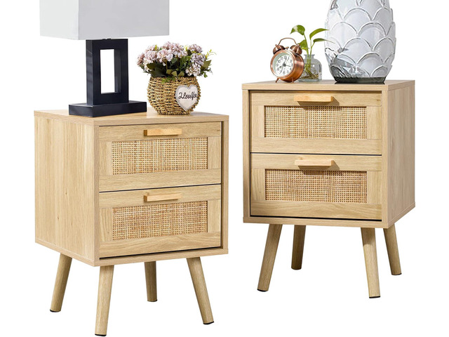Finnhomy Nightstands Set of 2, Night Stands Set 2 with Hand Made Rattan Decorated Drawers, Nightstand, End Table, Bedside Tables Set of 2 for...