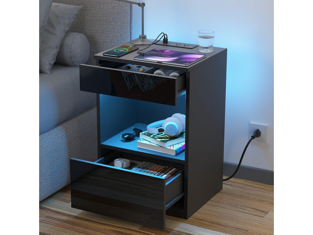 HOMMPA Open Shelf LED Nightstand with Charging Station 2 Drawers Bedside Table Black Night Stand with Storage Smart Nightstands High Gloss Night...
