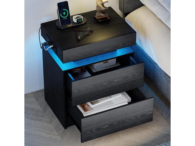 LIKIMIO Nightstand with Charging Station LED Light and 2 Drawers Black bedside table; end table; charging station; LED light; 2 drawers; black...
