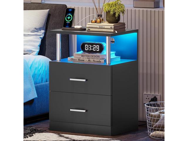 VIAGDO Black Nightstand with Charging Station and USB Ports, LED Night Stand with 2 Drawers, Modern End Side Tables with Open Storage, Bedside...