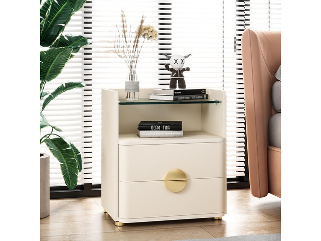 Tribesigns White Nightstand with 2 Drawers, Modern Night Stand with Tempered Glass Shelf, Storage End Table for Bedroom, Small Spaces
