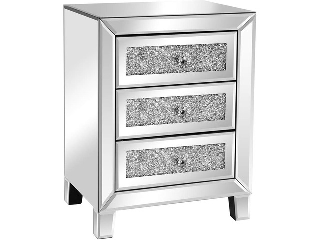 VINGLI Mirrored Nightstand with 3 Drawers Modern End Table Bed Side Table with Mirrored Finish, 17.72-inch W x 13.78-inch D x 23.62-inch H, Silver