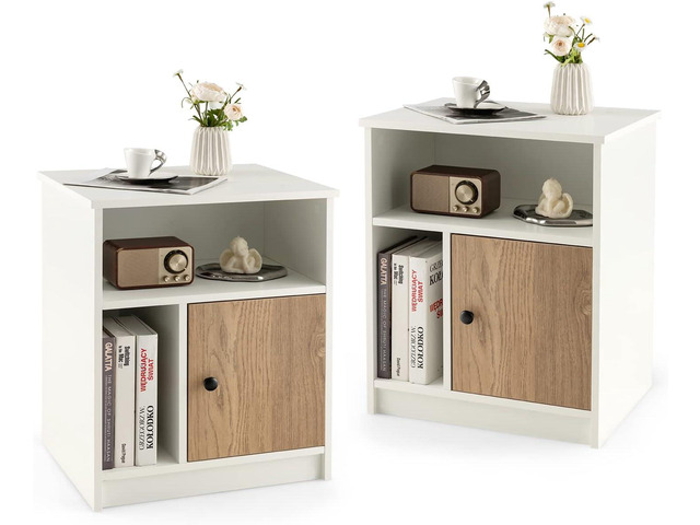 Giantex White Nightstand Set of 2, 25' Tall End Side Table with 1 Door & 2 Open Shelves, Wood Bedside Table with Cable Management Hole, Modern...