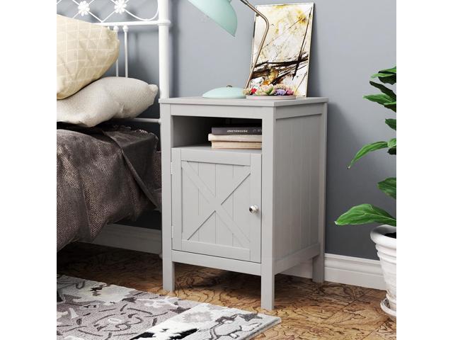 Grey Finish Nightstand Side End Table with Barn Door Cabinet and Open Shelf 26' H