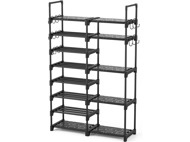 ROJASOP Shoe Rack Organizer, 8-Tier Metal Shoe Rack for Closet Entryway Garage, 26-32 Pairs Tall Shoe Boot Storage Shelf with 15 Hooks, Stackable...