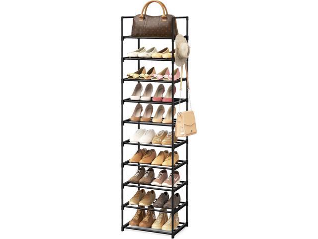 Narrow Shoe Rack 10 Tiers Tall Shoe Rack for Entryway Closet 20 24 Pairs Shoe & Boots Organizer Storage Shelf Durable Black Metal Stackable Shoe...