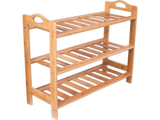 BIRDROCK HOME 3 Tier Free Standing Shoe Rack with Handles Bamboo Wood Closets and Entryway Organizer Fits 9 Pairs of Shoes