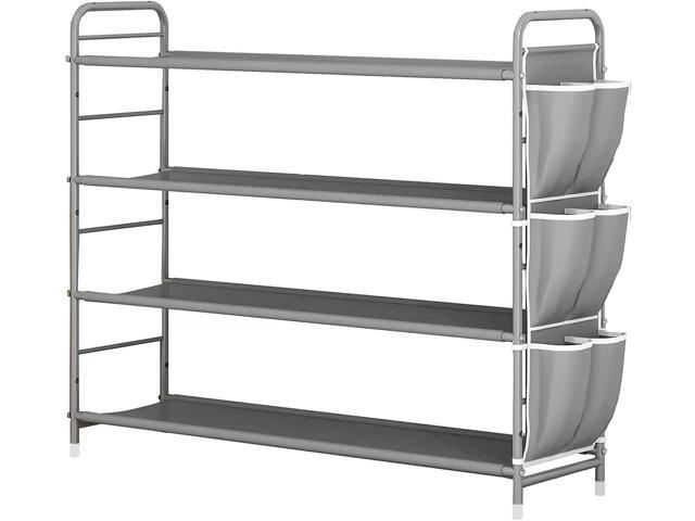 SUOERNUO 4 Tier Free Standing Metal Shoe Rack With Side Bag - Compact Shoe Organizer for Entryway Closet Bedroom, Grey