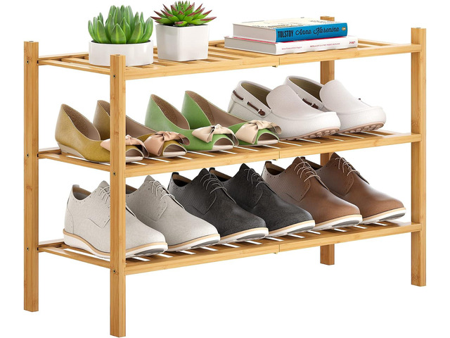 Bamboo Shoe Rack Stackable Shoe Shelf Storage Organizer for Unit Entryway Hallway and Closet Sturdy Freestanding Shoe Shelf(3 Tier Natural)