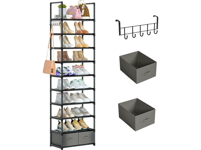 OYREL Tall Shoe Rack Narrow 10 Tier Shoes Rack 20 25 Pairs + 2 Boxes 1 Hook