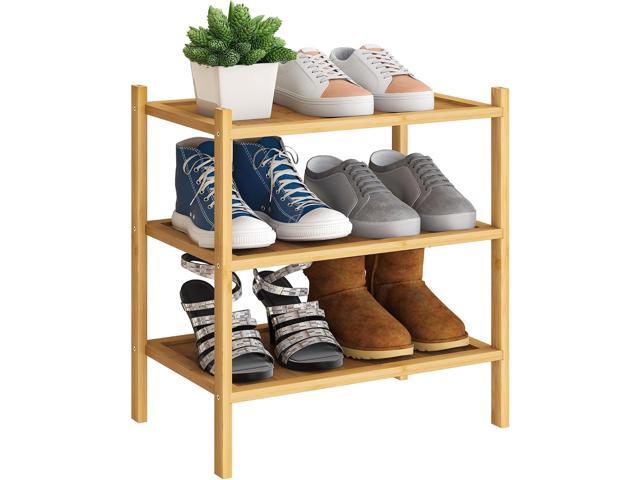 BMOSU 3-Tier Bamboo Small Shoe Rack Premium Stackable Shoe Shelf Storage Organizer for Hallway Closet Living Room Entryway Organizer(Natural)