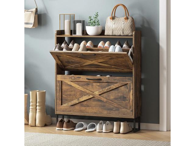 Maupvit Shoe Storage Cabinet with 2 Flip Drawers, Freestanding Shoe Organizer with Metal Legs for Entryway, Narrow Shoe Rack Cabinet, Rustic Brown