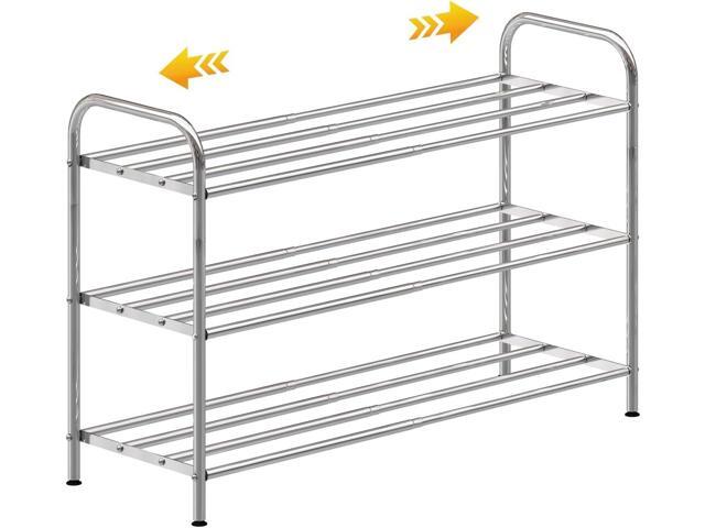 3-Tier Expandable Shoe Rack Adjustable Heavy Duty Organizer Shelf 100% Stainless Steel & 4-Rod Stretchable Small Space Shoe Rack for Closet...