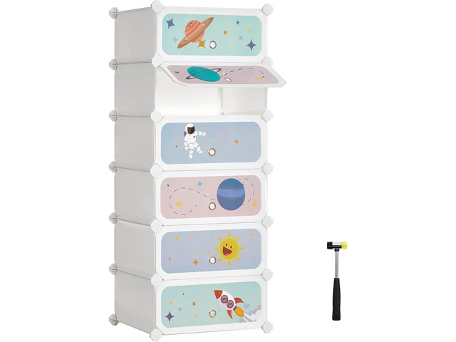 SONGMICS Kids' Shoe Rack with Doors, 6-Slot Stackable Storage Organizer, Plastic Wardrobe, Toys, Books, Clothes, 12.2 x 16.9 x 41.3 Inches, Cloud...