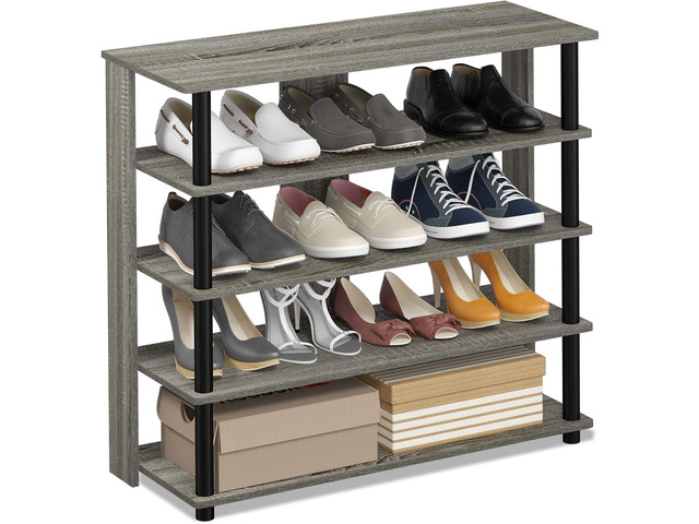 Furinno Turn-N-Tube 5 Tier Wide Shoe Rack, French Oak Grey/Black, 32 Inch