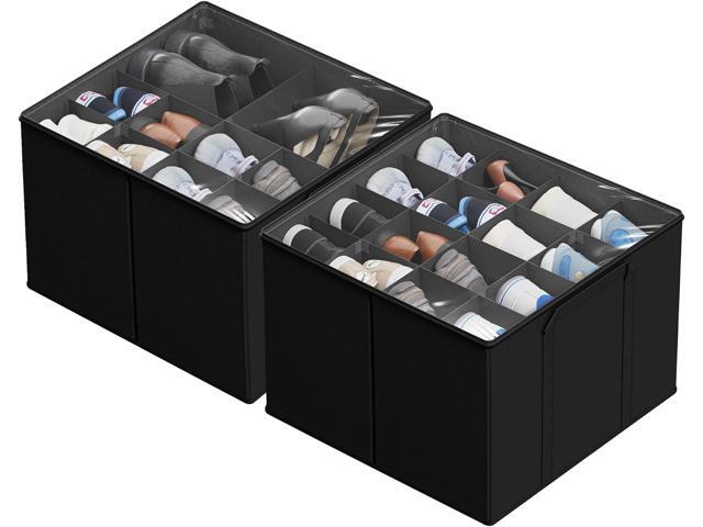 SUOCO 2 Pack Shoe Organizer for Closet, Fits up to 32 Pairs, Small Space Shoe Storage Boxes Bins Containers w/Adjustable Dividers and Clear Top, Black