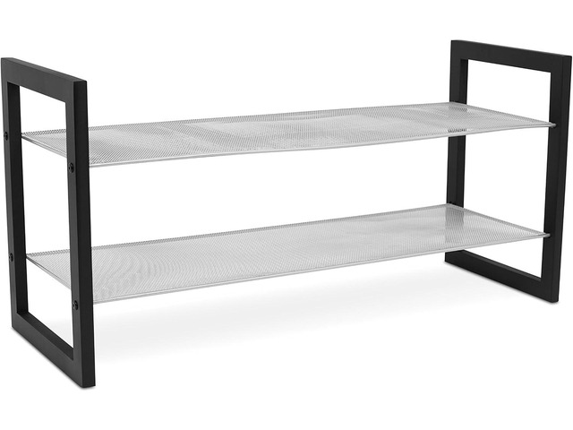 Internet's Best Mesh Shoe Rack - 2 Tier - Free Standing Metal Wood Shoe Organizer - Closet and Entryway - Fits 8 Pairs of Shoes - Black & Silver