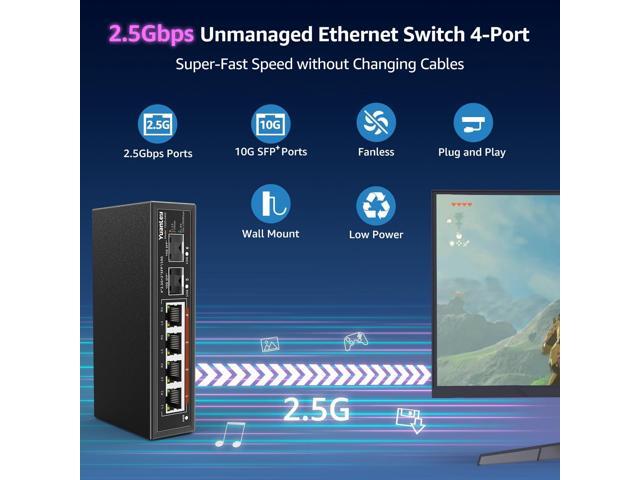6 Port 2.5G Umanaged Ethernet Switch, 4 x 2.5G Base-T Ports, 2 x 10G SFP, Compatible with 100/1000/2500Mbps, Metal Fanless, Desktop/Wall Mount...