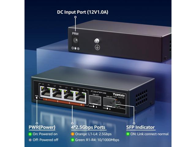 6 Port 2.5G Umanaged Ethernet Switch, 4 x 2.5G Base-T Ports, 2 x 10G SFP, Compatible with 100/1000/2500Mbps, Metal Fanless, Desktop/Wall Mount...