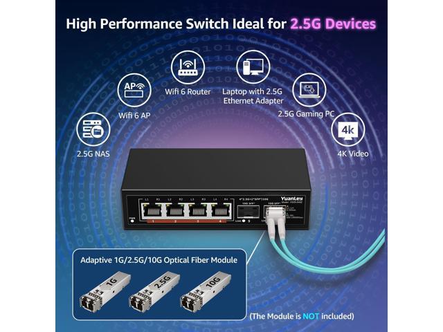 6 Port 2.5G Umanaged Ethernet Switch, 4 x 2.5G Base-T Ports, 2 x 10G SFP, Compatible with 100/1000/2500Mbps, Metal Fanless, Desktop/Wall Mount...