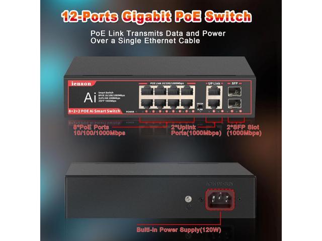 ienRon 12 Ports PoE Switch,8 PoE Ports Gigabit Network Switch+2 Ports Gigabit Uplink+2 SFP Slot,Unmanaged Ethernet Switch with 120W AI...