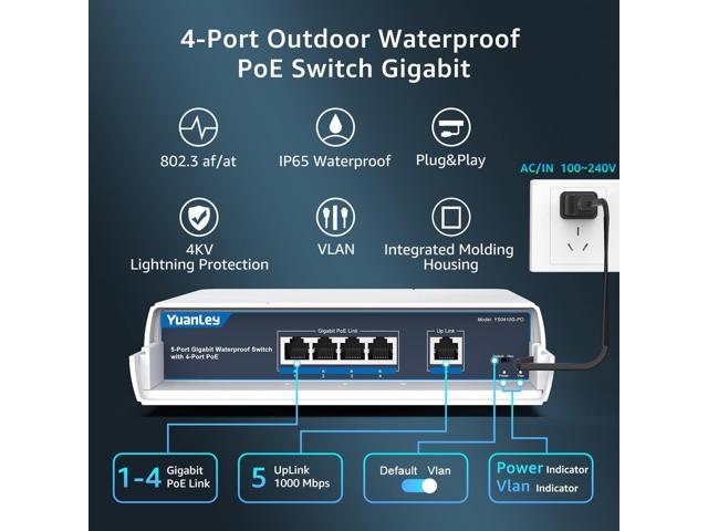 YuanLey 4-Port PoE Switch Gigabit- Waterproof Outdoor Ethernet Unmanaged Network Switch with VLAN Function, 78W Built-in Power, IEEE802.3af/at...