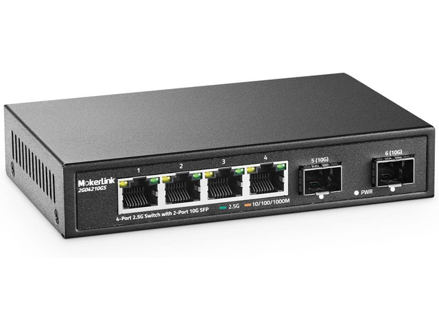 MokerLink 4 Port 2.5G Ethernet Switch with 2x10G SFP, 4 x 2.5G Base-T Ports Compatible with 10/100/1000Mbps, Metal Unmanaged Fanless Network Switch