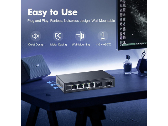 YuLinca 4 Port 2.5G Network Switch with 2x10G SFP, 4 x 2.5GBASE-T Ports, Compatible with 100/1000/2500Mbps, Multi-Gigabit Fanless Unmanaged Metal...